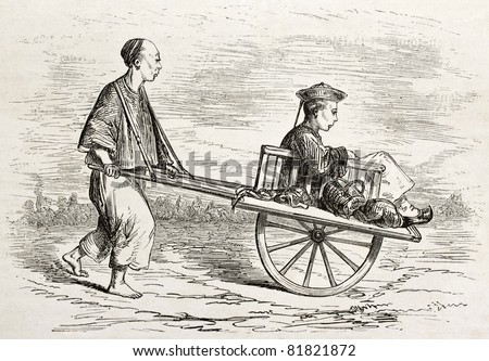 Old illustration of a wheelbarrow for people transport. Created by Dore after Trevise, published on Le Tour du Monde, Paris, 1860