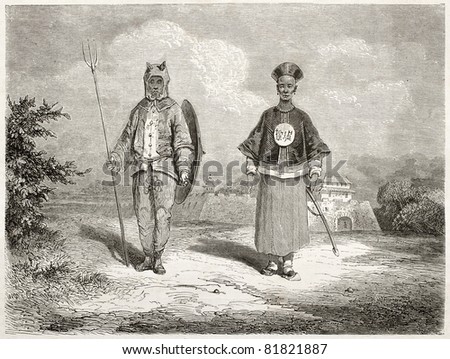 Old illustration of Chinese soldiers: war tiger and a brave. Created by Dore after Trevise, published on Le Tour du Monde, Paris, 1860
