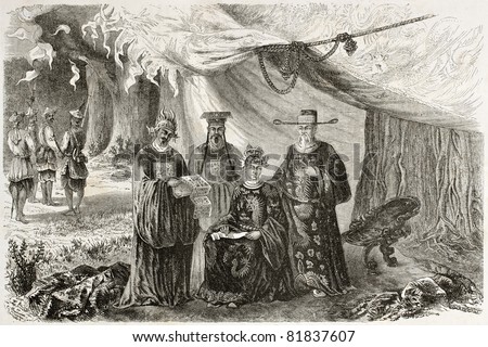 Old illustration of Cochinchina emperor and his ministers in traditional costumes. Created by Therond, published on Le Tour du Monde, Paris, 1860