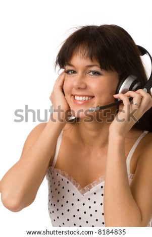 brunette woman in white dress with headset on white background