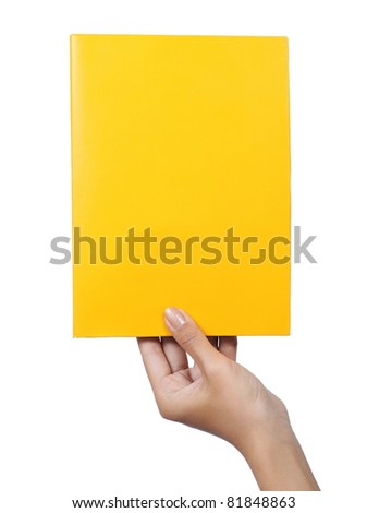  female hand holding a blank paper yellow isolated on white background