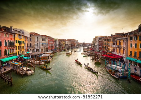 Boats and gondolas on the Grand Canal of Venice,  View from Bridge Rialto. Royalty-Free Stock Photo #81852271