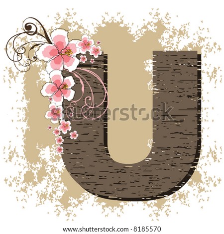 pink hibiscus grunge vintage alphabet U (vector)