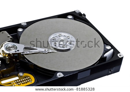 Open hard disk on white background. Picture of a modern S-ATA hard disk
