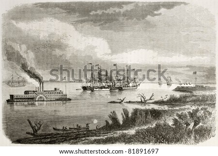 Old view of steamship and tug sailing down the Mississipi. Created by Berard after Reclus, published on Le Tour du Monde, Paris, 1860