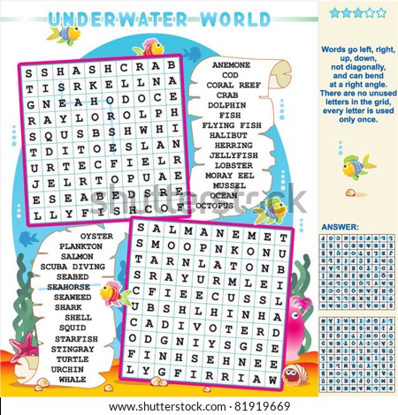 Underwater world zigzag word search puzzle, answer included ( for high res JPEG or TIFF see image 81919672 )
