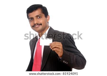 Business man handing a blank business card Isolated on white.
