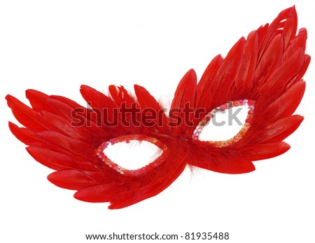 Fancy Vintage Festive Red Feathers with Sequin dress mask isolated on white background