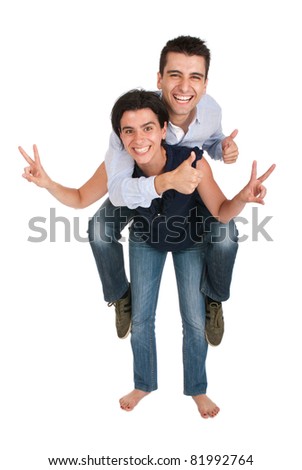 happy smiling brother and sister showing victory hand and thumbs up sign while playing together piggyback (full length picture, isolated on white background)
