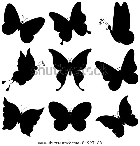 vector, butterflies, black silhouettes on white background