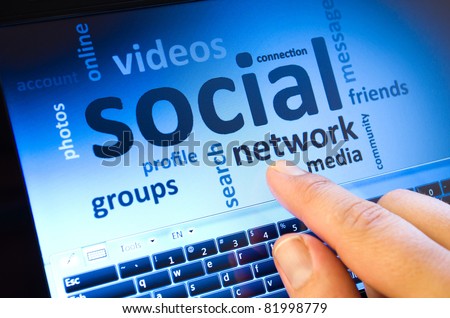 social network and connected words on touch-screen tablet-pc with finger touching screen Royalty-Free Stock Photo #81998779
