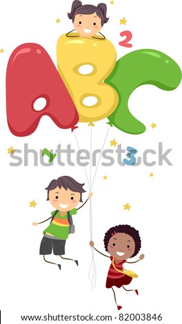 Illustration of Kids Playing with Letter-Shaped Balloons