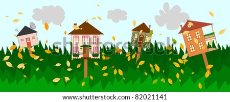 Illustration of banner with four houses as signs on autumn background