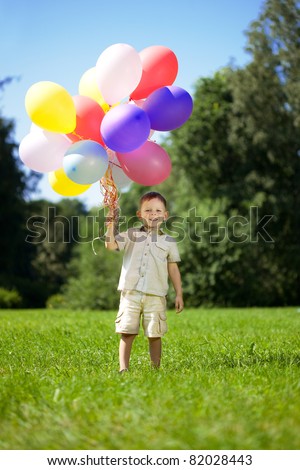 The image of a child with a bunch of balloons in their hands