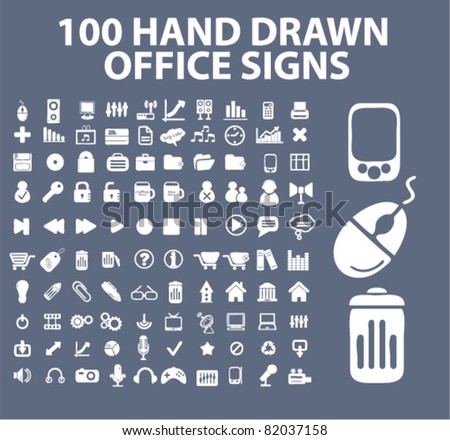 100 hand drawn office icons, signs, illustration, images, vector