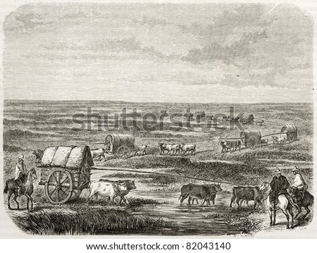 Old illustration of a convoy in the pampas, southern America. Created by Duveau after Schmidtmeyer, published on Le Tour du Monde, Paris, 1860