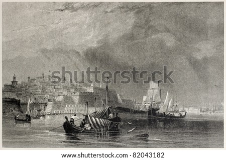 Old view of Valletta, capital of Malta, from the quarantine harbour. Created by Allen, Engimeer and Wallis, published on Il Mediterraneo Illustrato, Spirito Battelli ed., Florence, Italy, 1841