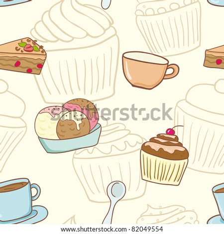 tasty things seamless pattern with cupcake, ice-cream, cake and coffee