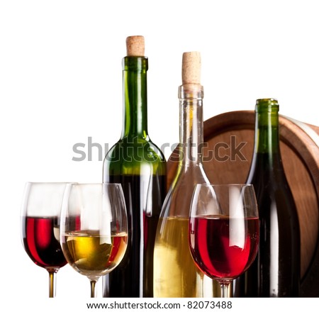 Wine bottles and glasses on a white background. The file contains a path to cut.