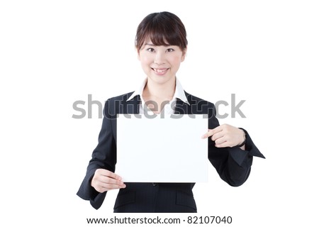 Young woman with a blank presentation board, isolated on white background
