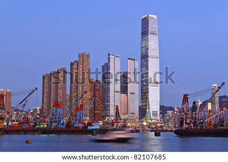 Hong Kong harbour with working ship