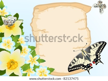 A sheet of paper against the background of flowers and flying butterflies