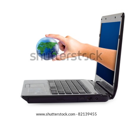 world in hand and global through a laptop isolated over white background