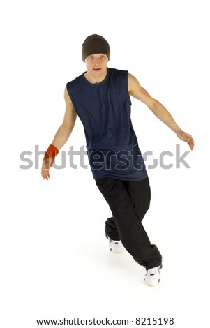 Young, dancing bboy. Looking at camera. Isolated on white in studio. Front view, whole body