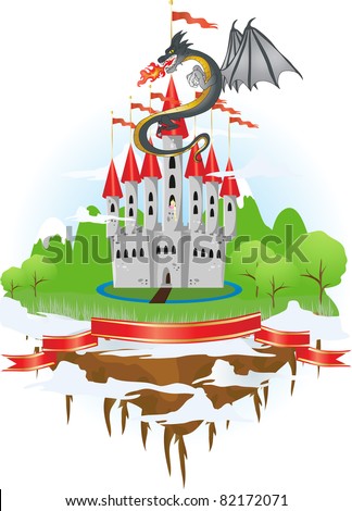 floating island with castle, beautiful princess and dragon
