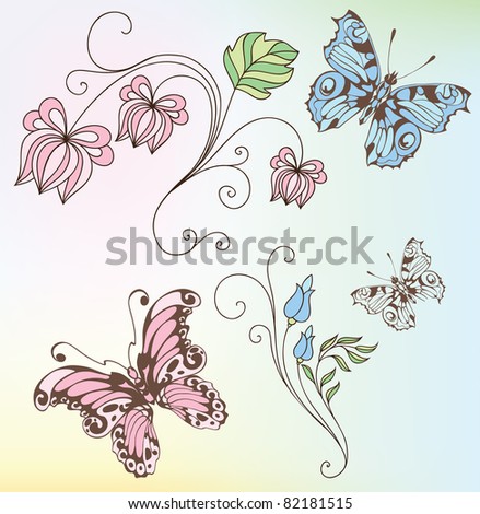 set of flowers and butterflies