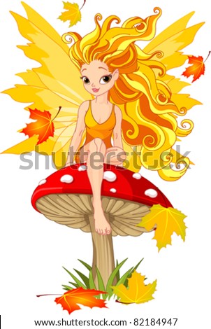 Autumn  fairy elf sitting on mushroom