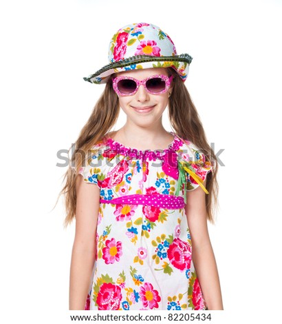 cute girl with pink sunglasses isolated on white background