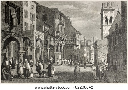 Old view of Strada Reale in Corfu, Greek island. Created by Prout and Finden, published on Il Mediterraneo Illustrato, Spirito Battelli ed., Florence, Italy, 1841