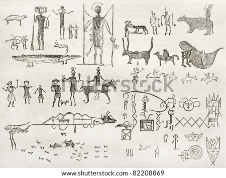 Hieroglyphics found in a cave near Fossil Creek, Arizona. By Lancelot and Gauchard after report made under the direction of the U.S. secretary of the war. Published on Le Tour du Monde, Paris, 1860