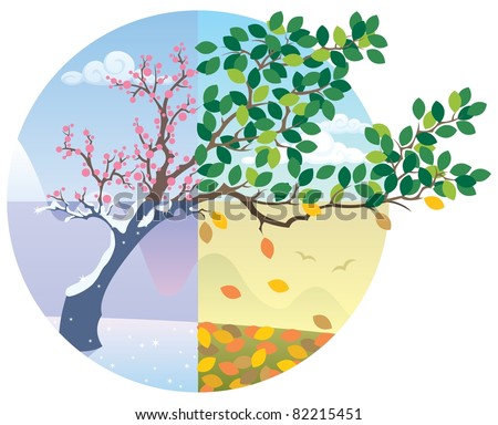 Cartoon illustration representing the cycle of the four seasons.