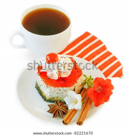 Cup of coffee and appetizing cake on a white background