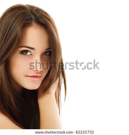 beauty woman portrait of teen girl beautiful cheerful enjoying with long brown hair and clean skin isolated on white background