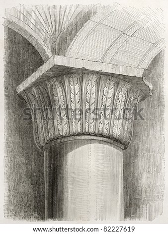 Old illustration of a Salomon Temple subterranean pillar. Created by Bida and Trichon, published on Le Tour du Monde, Paris, 1860