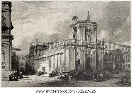 Old view of Syracuse cathedral, Sicily, Italy. Created by Leitch and Tingle, published on Il Mediterraneo Illustrato, Spirito Battelli ed., Florence, Italy, 1841