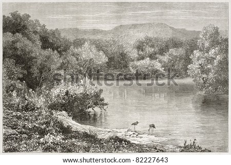 Old view of the Jordan river. Created by Daubigny after photo of unknown author, published on Le Tour du Monde, Paris, 1860