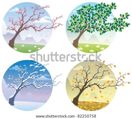 Cartoon illustration of tree during the four seasons. 