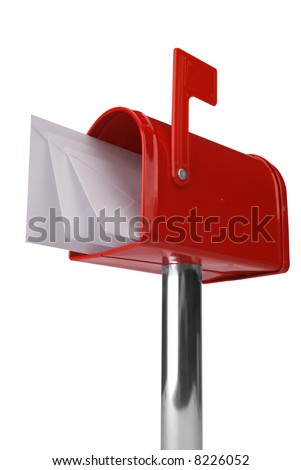 A standard red mailbox with mail and flag isolated over white Royalty-Free Stock Photo #8226052