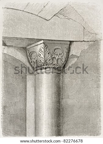 Old illustration of a Salomon Temple subterranean pillar. Created by Bida, published on Le Tour du Monde, Paris, 1860