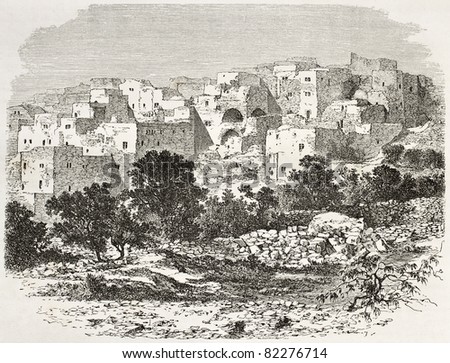 Old view of Nazareth, Palestine. Created by Therond after photo of unknown author, published on Le Tour du Monde, Paris, 1860