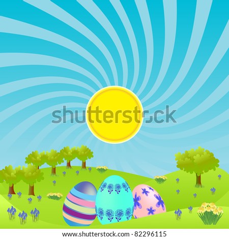 A morning landscape with three easter eggs at front of scene nestled behind green rolling hills with daffodil flowers, blue bell flowers and trees with bright sun and blue rays in the sky