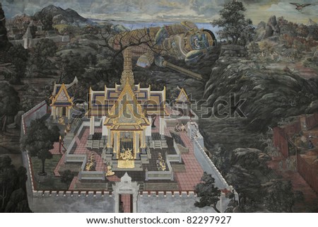 Some pictures of the mural Ramayana, the longest mural in the world at watphrakaew bangkok Thailand.