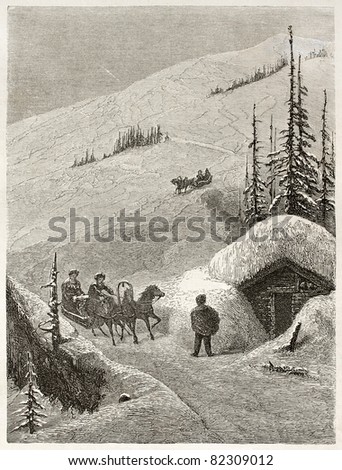Sleigh on Mount Shkhara peak, Georgia. Created by Moynet, published on Le Tour du Monde, Paris, 1860