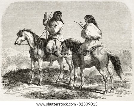 Old illustration of Comanche indians horseback. Created by Duveaux after report made under the direction of the U.S. secretary of the war. Published on Le Tour du Monde, Paris, 1860