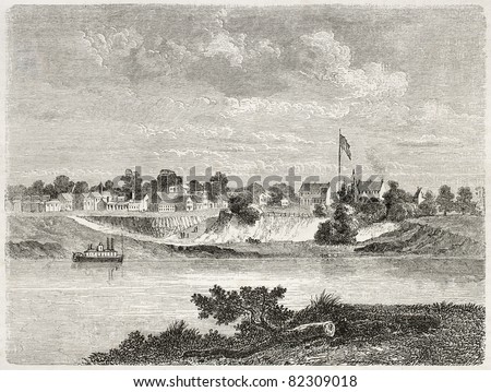Old view of Forth Smith and Arkansas river, Arkansas. Created by Lancelot after report made under the direction of the U.S. secretary of the war. Published on Le Tour du Monde, Paris, 1860