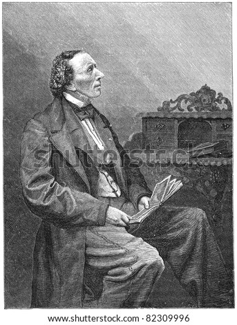H. C. Andersen (1805-1875) was a Danish  author, fairy tale writer, and poet noted for his children's stories. Engraving from Scribner's Magazine January 1871. Royalty-Free Stock Photo #82309996